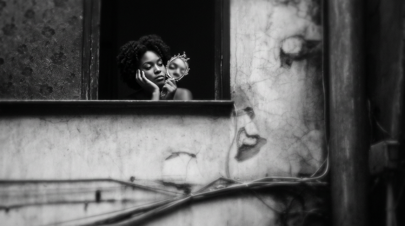 Woman looking into a hand mirror